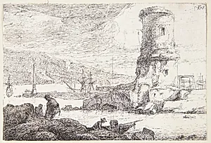 Kystlandskab med et rundt tårn by Thomas Wijck