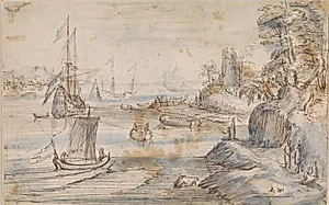 Kystlandskab med flere skibe, en høj kyst med flere figurer by Abraham Willaerts