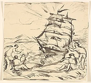 Kystlandskab med sejlskib og gestikulerende figurer by Emile Othon Friesz