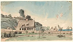 Kystlandskab med stråtækte huse. by P.C. Skovgaard