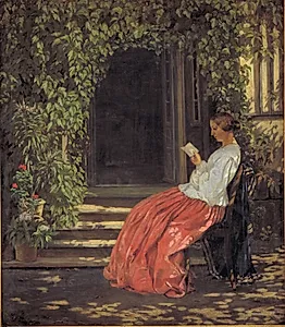 Læsende dame uden for en havedør by Vilhelm Kyhn