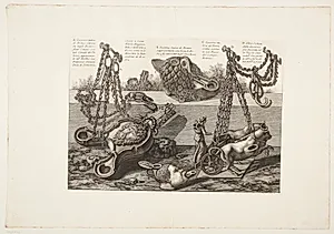 Lamper af terracotta og bronze, hvoraf en er formet som en vogn, trukket af to tyre og med Diana som vognstyrer by Giovanni Battista Piranesi