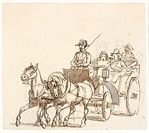 Landauer. Kusk med trekantet hat, herskab og tjener by Wilhelm Marstrand