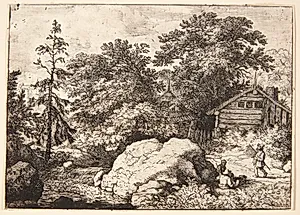 Landevej, i forgrunden to mænd siddende ved en stor sten by Allaert van Everdingen