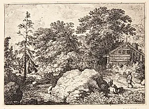 Landevej, i forgrunden to mænd siddende ved en stor sten by Allaert van Everdingen