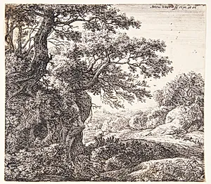 Landevej med en sovende mand og hund by Anthonie Waterloo