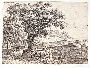 Landevej med figur, der gør holdt, i baggrunden en landsby by Anthonie Waterloo