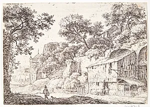 Landevej med kappeklædt mand og hans hund by Anthonie Waterloo