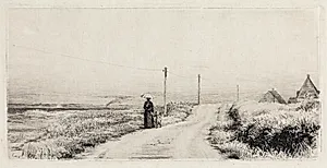 Landevej med spadserende dame. Solskinseftermiddag. by Carl Bloch