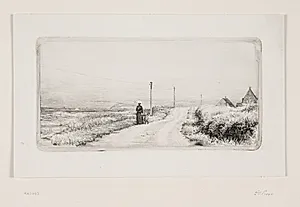 Landevej med spadserende dame. Solskinseftermiddag by Carl Bloch