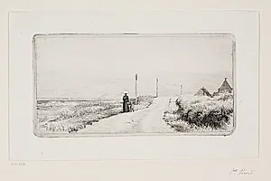 Landevej med spadserende dame. Solskinseftermiddag by Carl Bloch