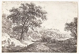 Landevej med vejfarende, der gør holdt ved en lille bakke by Anthonie Waterloo