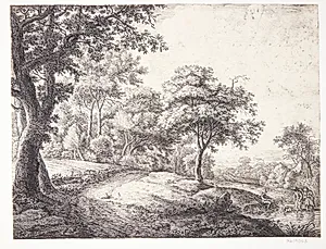 Landevej, t.h. to figurer, der krydser en bæk by Anthonie Waterloo