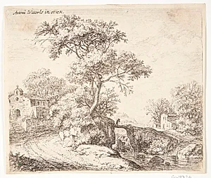 Landevej ved en flod med et kapel og en træbro by Anthonie Waterloo