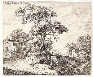 Landevej ved en flod med et kapel og en træbro by Anthonie Waterloo