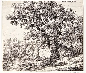 Landevej ved en flod, på vejen en mand med et muldyr by Anthonie Waterloo
