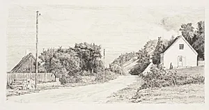 Landevejen mellem husene by Carl Bloch