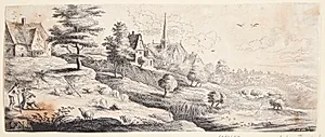 Landsby med en kirke, t.v. en mand med en skalmeje by Lucas van Uden