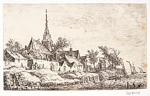 Landsby med kirke ved en flod by Anthonie Waterloo