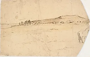 Landskab (fra Brandsø?) med kæmpehøje by Dankvart Dreyer