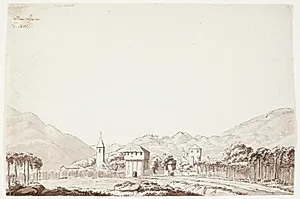 Landskab fra Domodossola i Schweiz med kirke og vagtårn by J.L. Lund