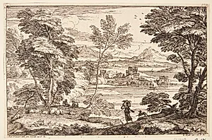 Landskab, i forgrunden en kvinde med hund by Adriaen van der Kabel