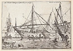 Landskab, i forgrunden et liggende par, der konverserer by Adriaen van der Kabel