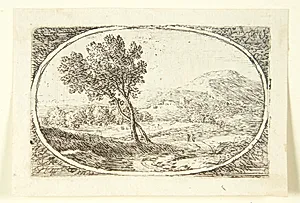 Landskab, i forgrunden to træer, hvis stammer krydser hinanden by Herman van Swanevelt