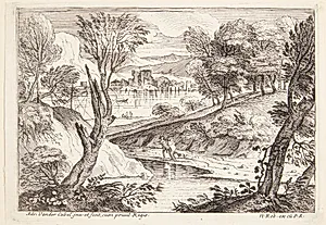 Landskab, i forgrunden tre vejfarende, der gør holdt by Adriaen van der Kabel