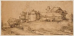Landskab med bondegård og kornhjelm by Rembrandt van Rijn