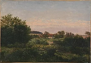 Landskab med bondehus ved en dam by Dankvart Dreyer