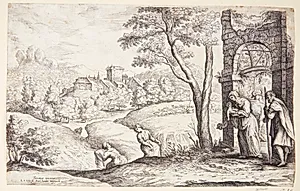 Landskab med den hellige familie og to fødselshjælpere by Lucas van Uden