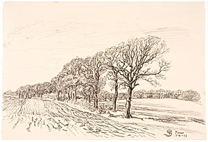 Landskab med egetræer. Føns by Fritz Syberg