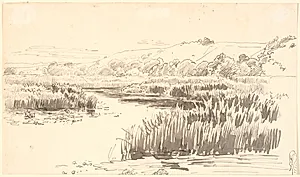 Landskab med en å langs hvis bredde der gror høje siv. Bakker i baggrunden. Formentlig Vejle by P.C. Skovgaard