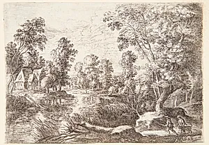 Landskab med en bæk, i forgrunden en jæger og en dreng med en hund by Lucas van Uden