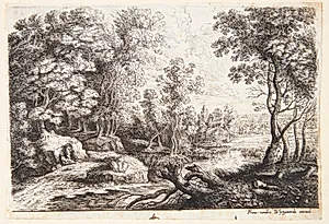 Landskab med en bæk og to mænd liggende under et træ by Lucas van Uden