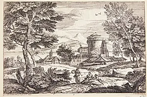 Landskab med en borg, i forgrunden to yngre og en ældre kvinde by Adriaen van der Kabel
