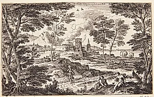 Landskab med en borg, i forgrunden tre kvinder by Adriaen van der Kabel