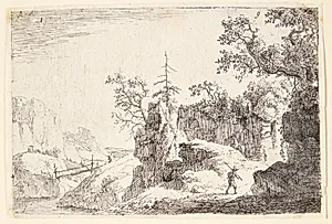 Landskab med en bro, t.h. en gående mand og en rytter by Jan van Aken