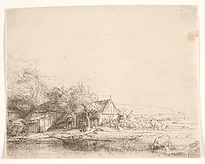 Landskab med en drikkende ko by Rembrandt van Rijn
