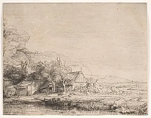 Landskab med en drikkende ko by Rembrandt van Rijn