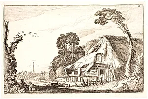 Landskab med en faldefærdig lade by Jan van de Velde (II)