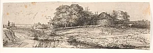 Landskab med en fåreflok og kornhjelm by Rembrandt van Rijn
