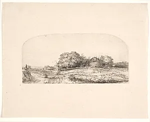 Landskab med en fåreflok og kornhjelm by Rembrandt van Rijn