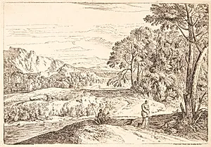 Landskab med en fisker og en gående og liggende figur by Théodore