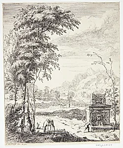 Landskab med en fontæne og et æsel by Albert Meyering