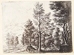 Landskab med en hyrde og en mand, der fører et æsel med en kvinde og et barn by Philips Augustijn Immenraet