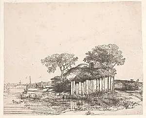 Landskab med en hytte bag hvidt pæleværk by Rembrandt van Rijn