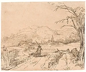 Landskab med en jæger og hans hunde by Rembrandt van Rijn