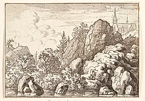 Landskab med en kirke på et bjerg by Allaert van Everdingen